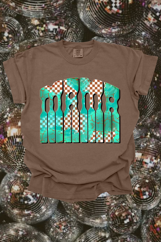 Turquoise Checkered Mama Graphic Tee