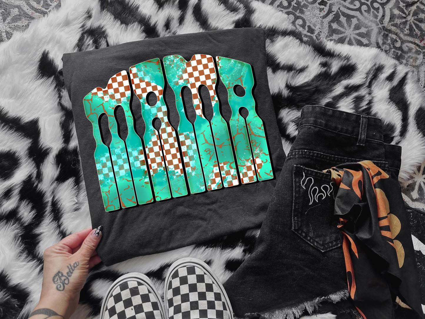 Turquoise & Checkered Mama Graphic Tee