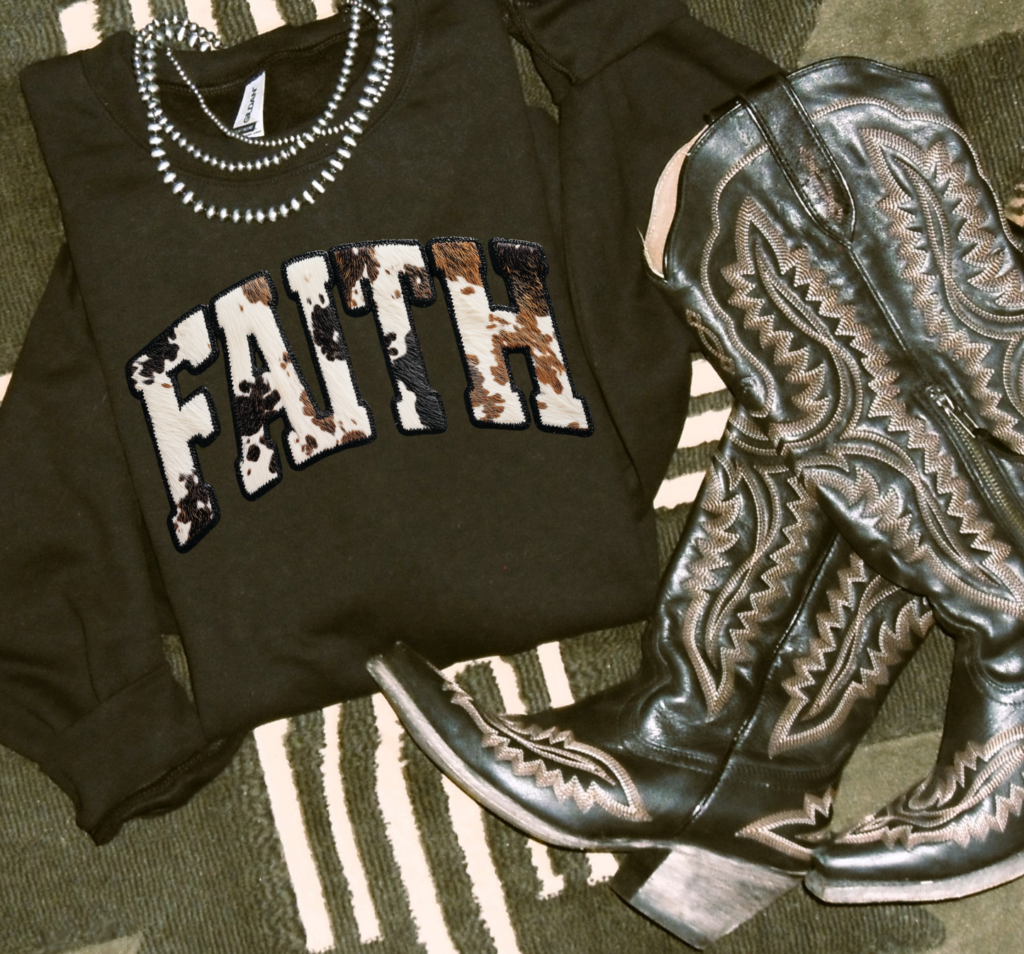 Faith Black Cowprint Crewneck