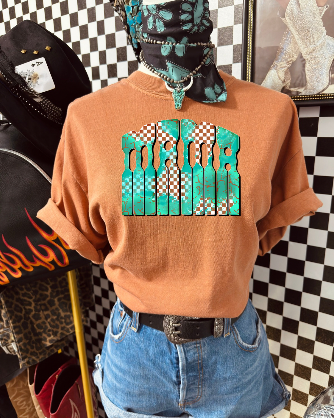 Turquoise & Checkered Mama CC Graphic Tee