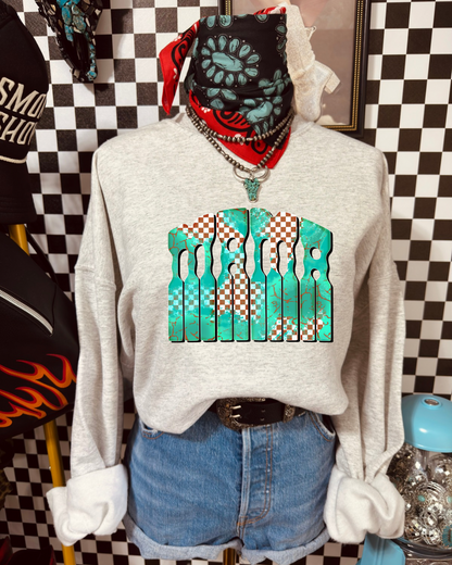Turquoise & Checkered Mama Crewneck