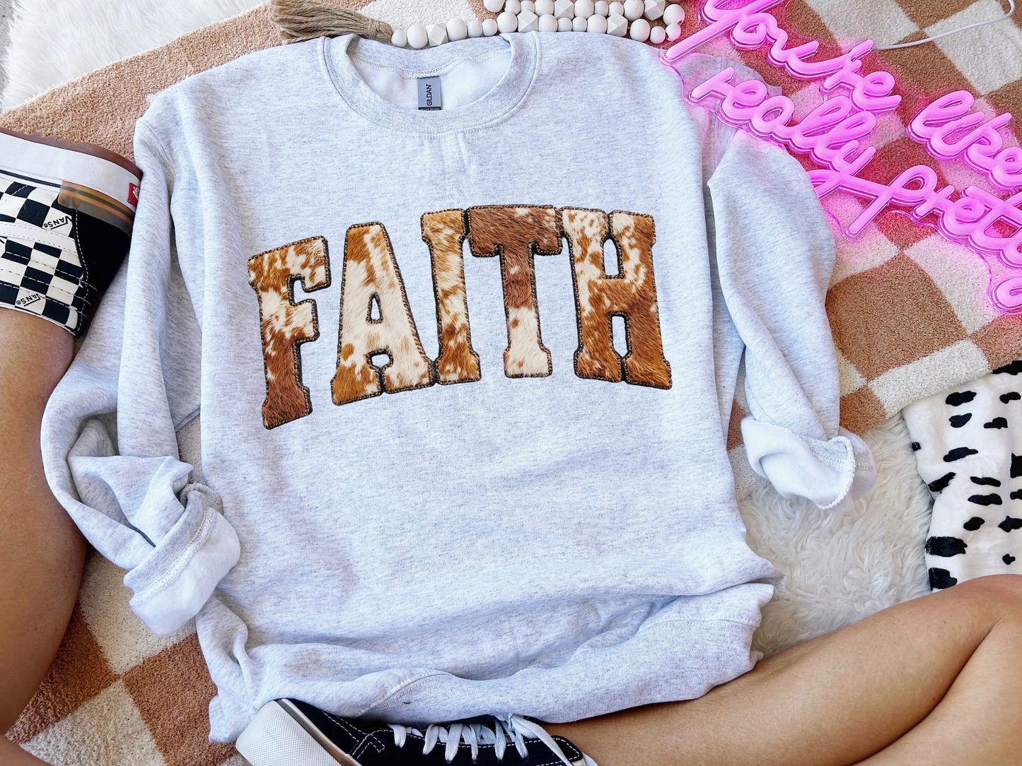 Faith Brown Cowprint Crewneck